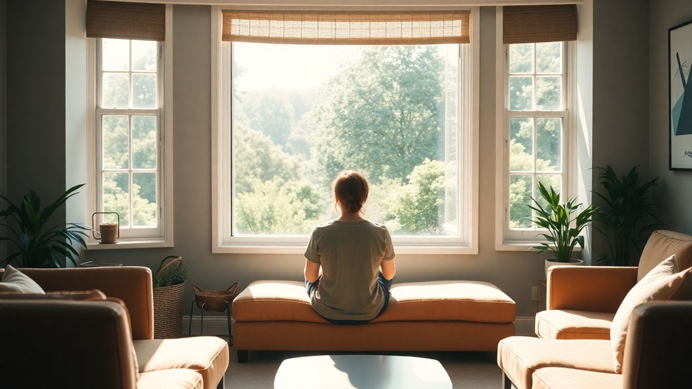 Person looking out window at green landscape
