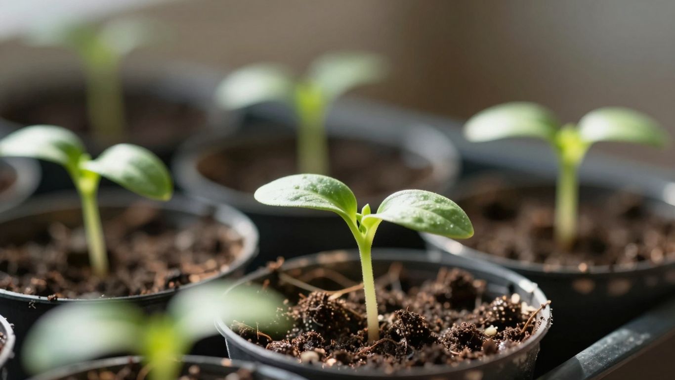 Kleine grüne Setzlinge sprießen aus Erde in Töpfen.