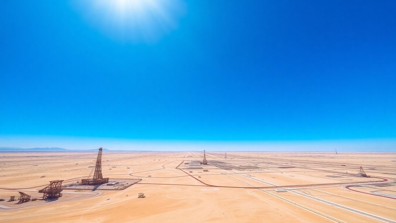 Oil rigs and pipelines in a desert landscape.