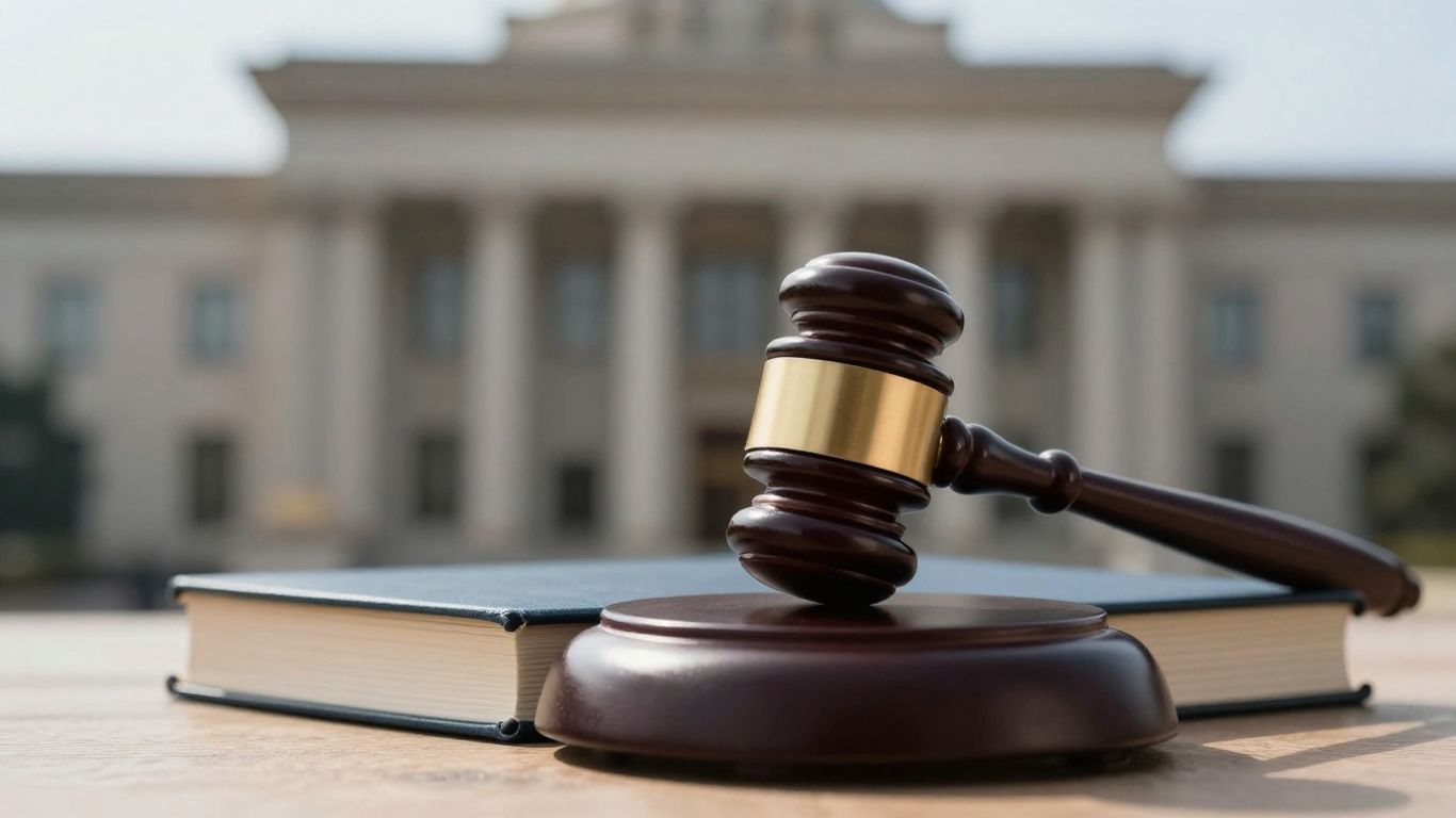 Gavel on law book in a courtroom.