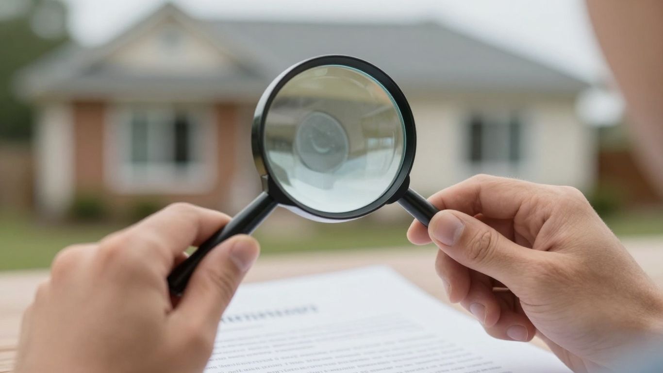 Magnifying glass over insurance document near house.