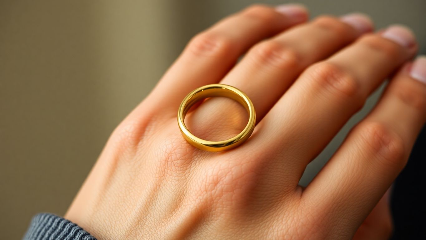 Shiny gold unisex ring on one hand.