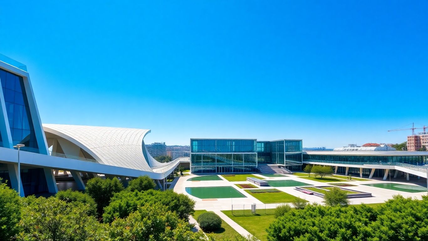 Parque das Nações, Lisboa, com arquitetura moderna e espaços verdes.