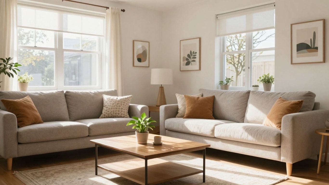 Sala de estar luminosa con sofá cómodo y planta.