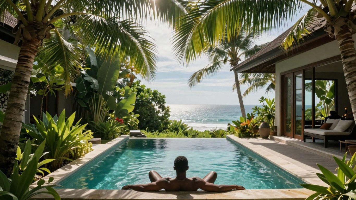 Balinese villa with pool and ocean view.