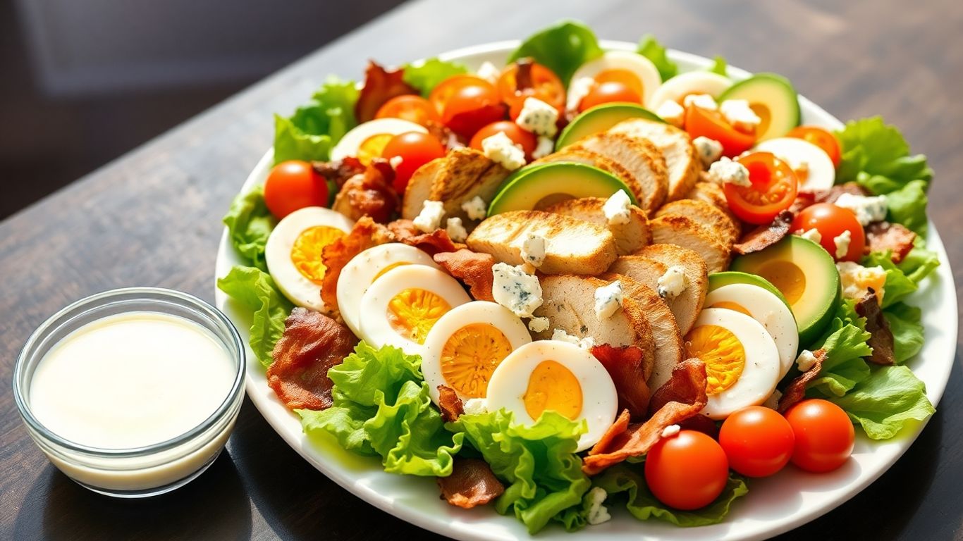 Colorful Cobb salad with creamy dressing on a plate
