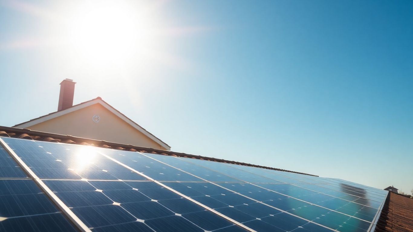 Rooftop solar panels under a bright sun.