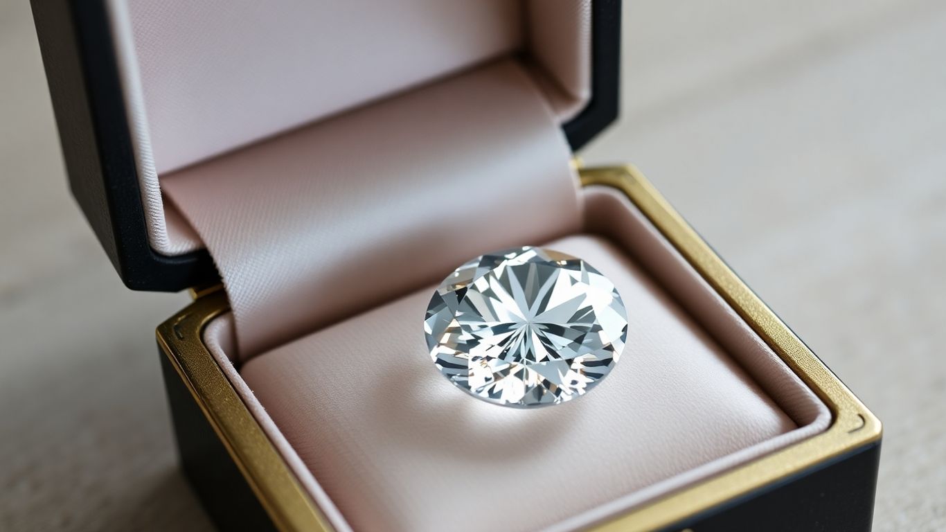 Sparkling moissanite gemstone in an open jewelry box.