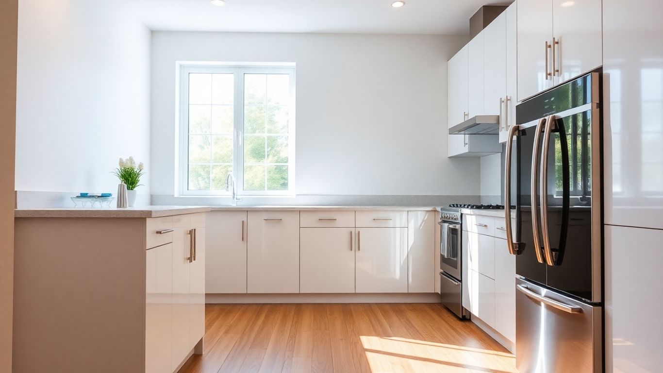 Modern kitchen interior with sunlight and new cabinets.