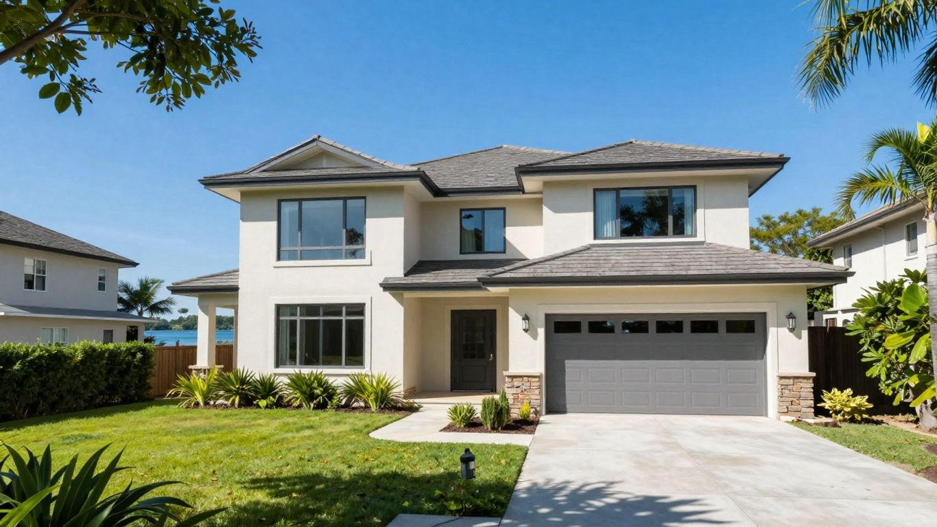 Casa de vacaciones soleada con paisaje verde y lago.