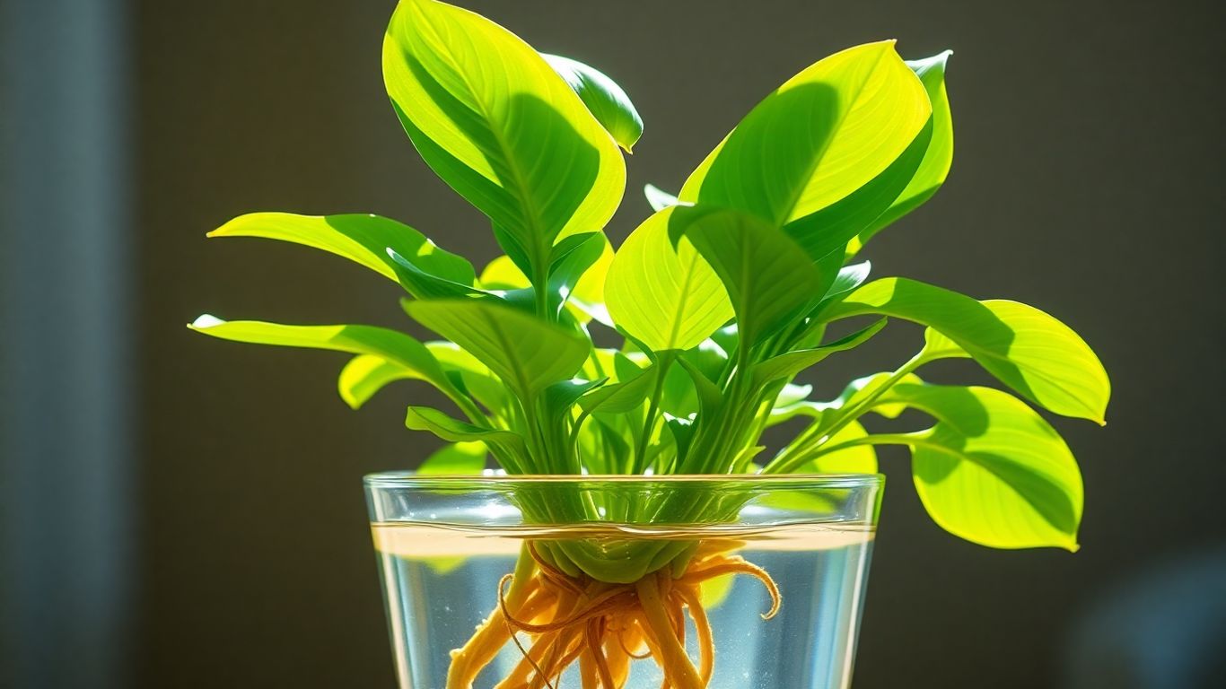 Filodendro crescendo na água em um vaso de vidro.