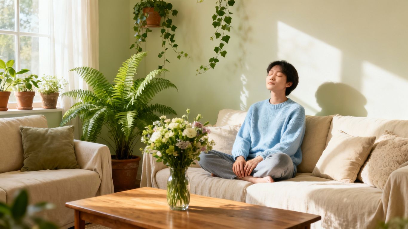 Cozy, sunlit room promoting mental well-being.