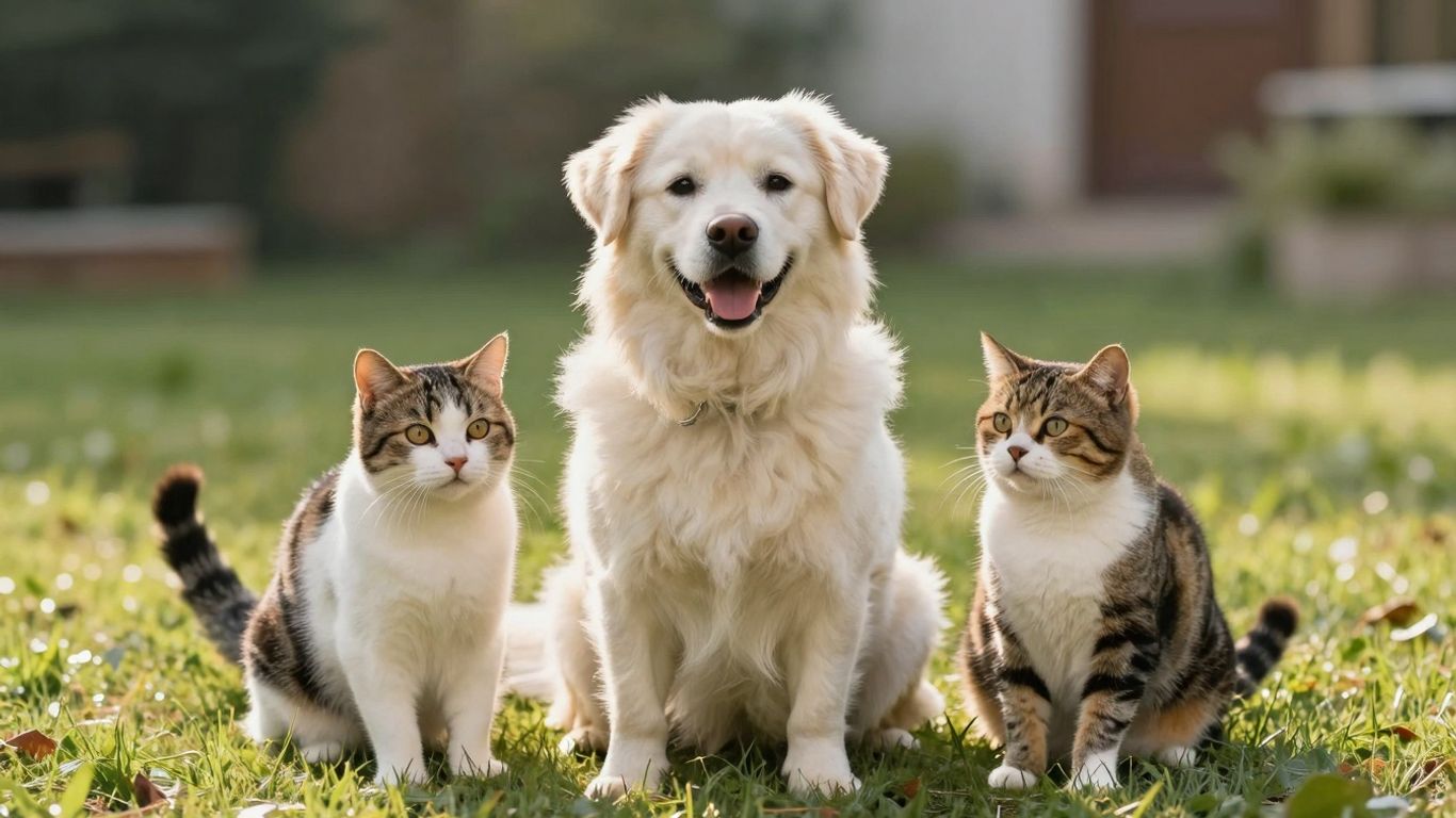 Dog and cat on grass, happy and healthy.
