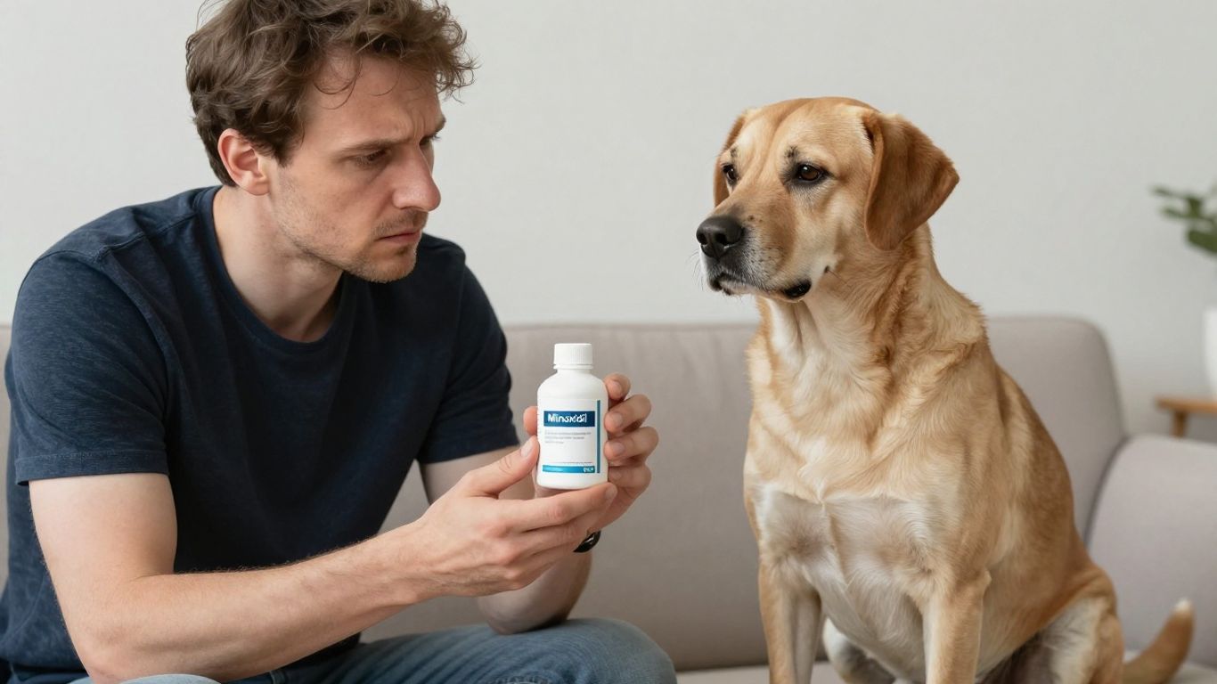 Dog near minoxidil bottle, owner concerned.