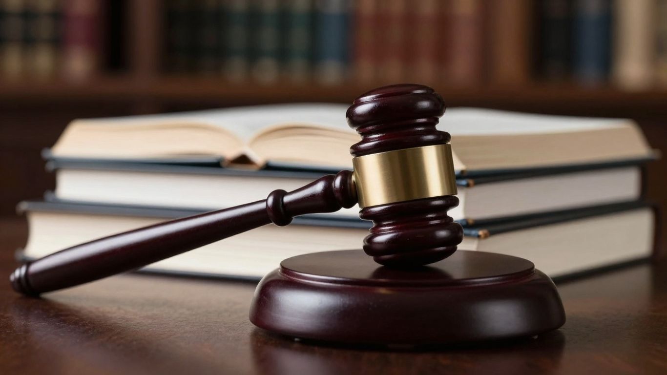 Gavel on legal books in a courtroom.