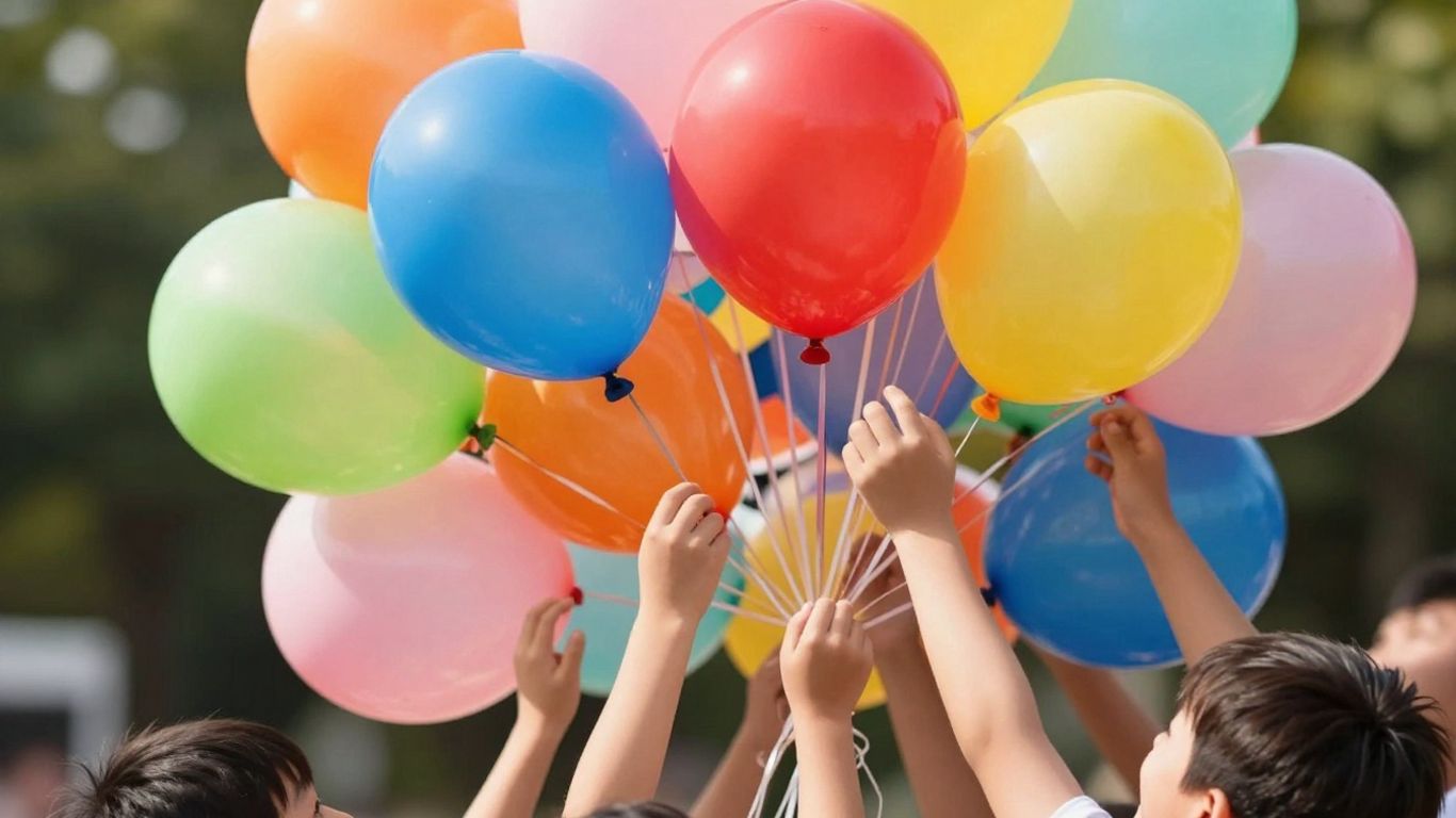 Colorful natural latex balloons floating at a kids' party.
