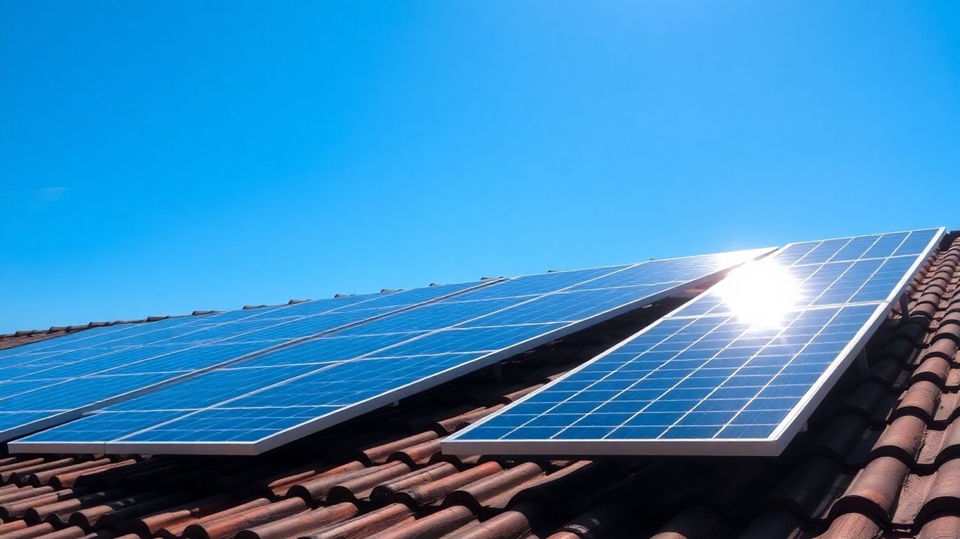 Solar panels on a roof under a blue sky.