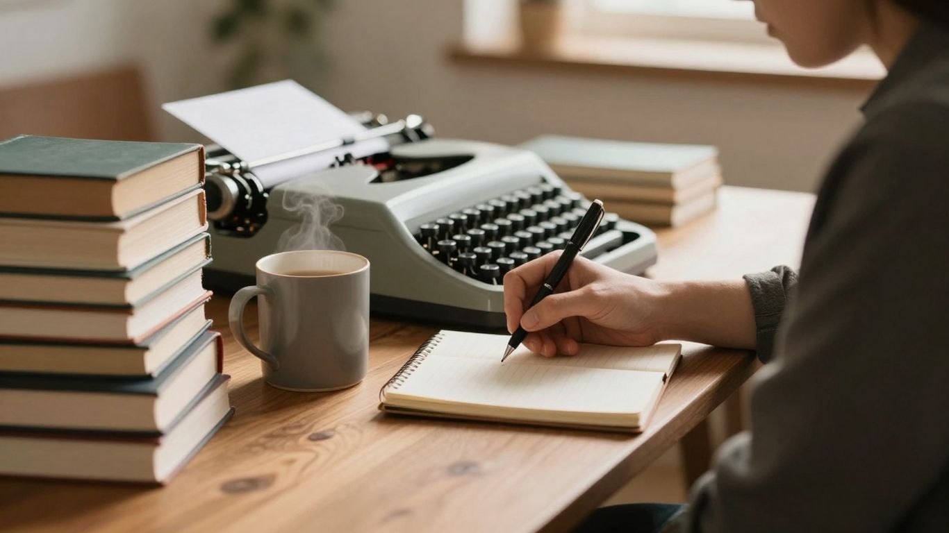 Author writing at a desk with books and typewriter.