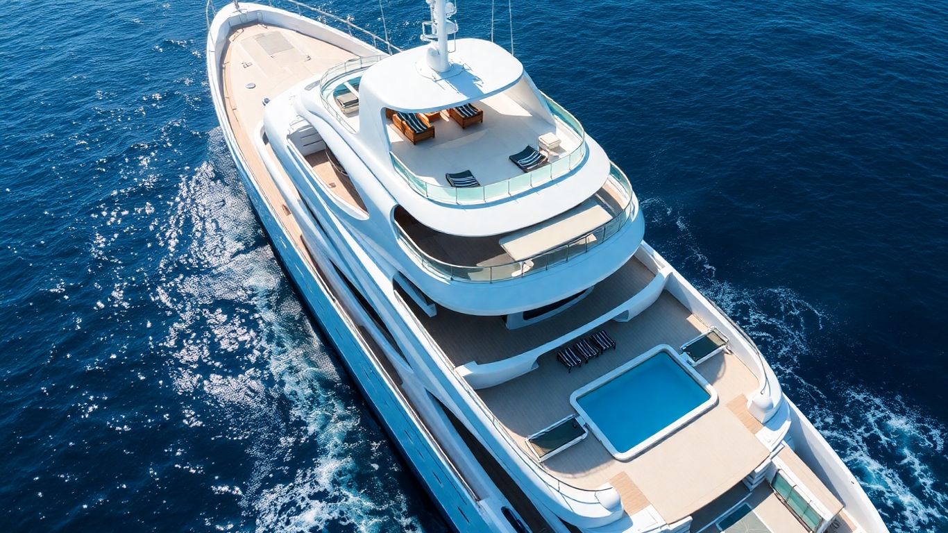 Aerial view of luxurious 67m superyacht on the ocean