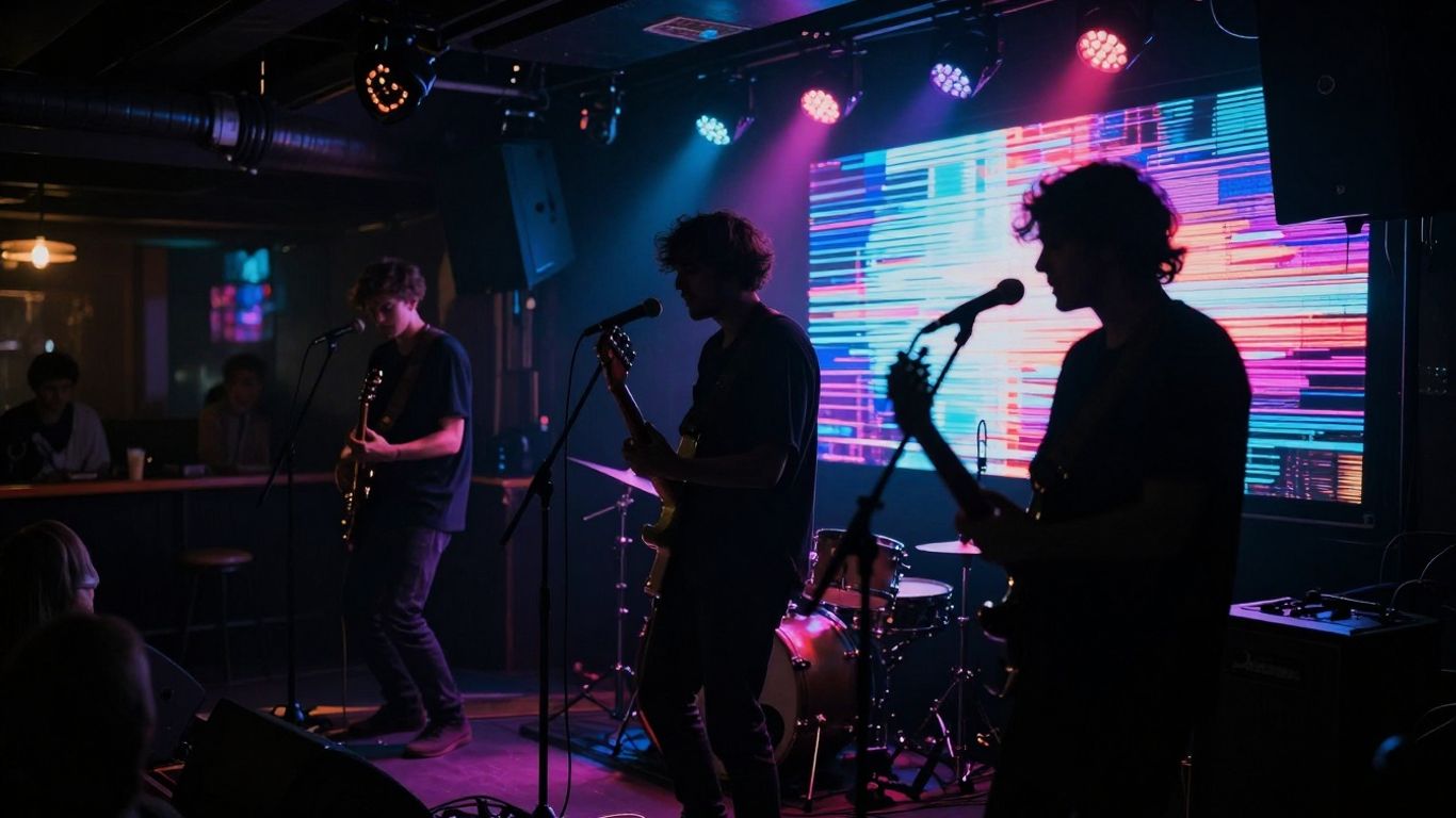 Musicians performing on a dimly lit stage with glitchy lights.