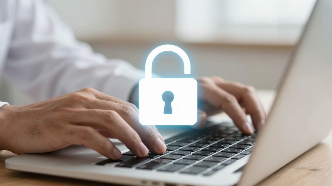 Hands typing on a laptop with a padlock icon.