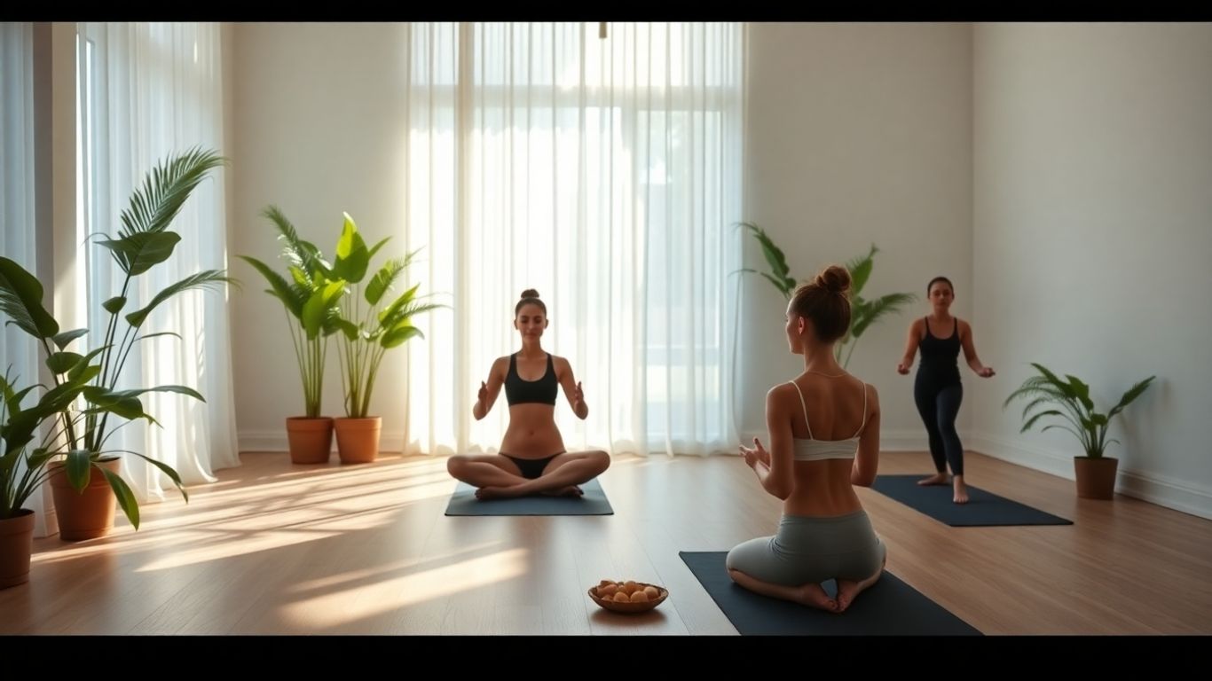 Peaceful yoga studio with natural light and plants.