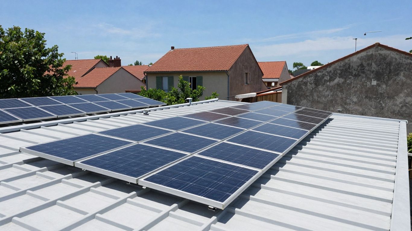 Panneaux solaires sur un toit ensoleillé en France.
