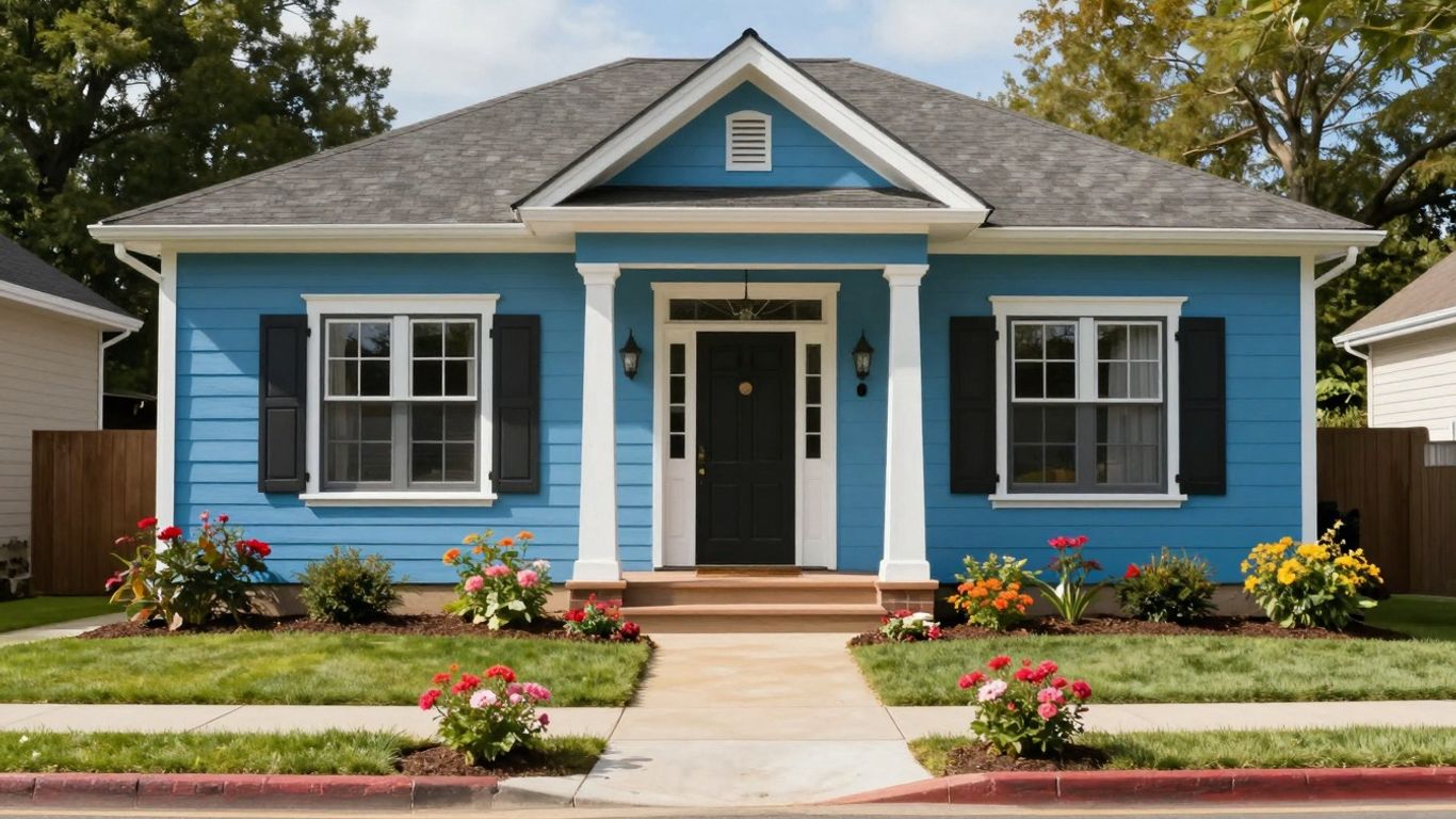 Beautifully painted house exterior with colorful flowers and green lawn.
