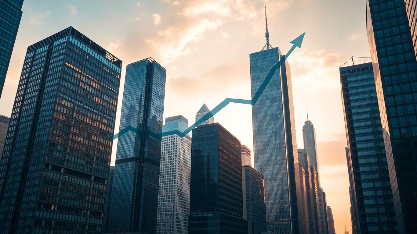Financial district skyline with abstract upward movement.