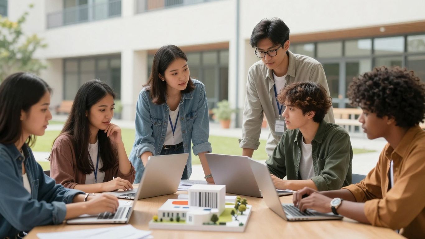 Wentworth Institute of Technology campus with students learning.