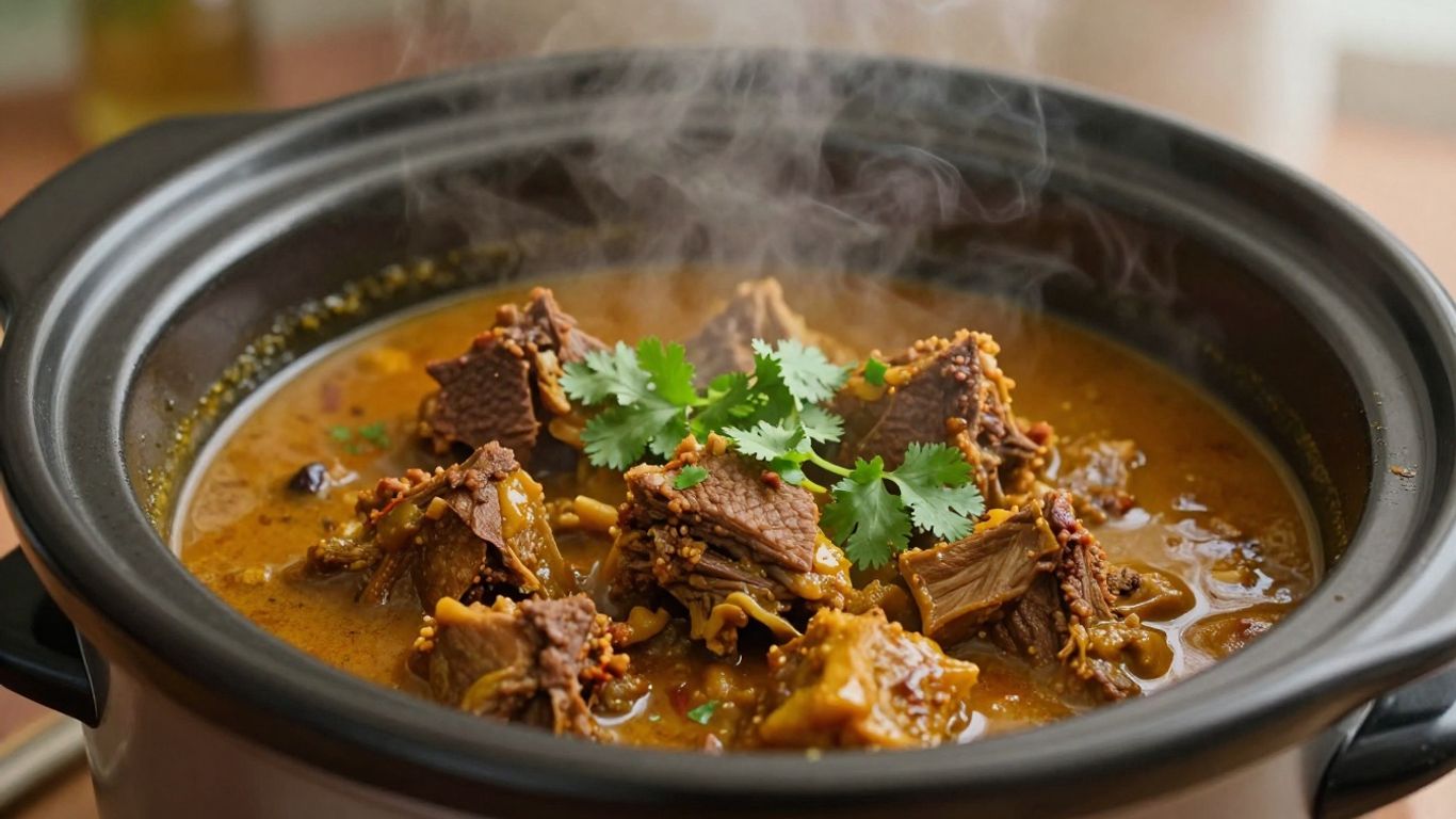 Slow cooker lamb curry with cilantro garnish.