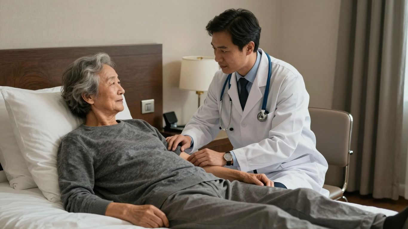 Doctor attending to elderly guest in hotel room.