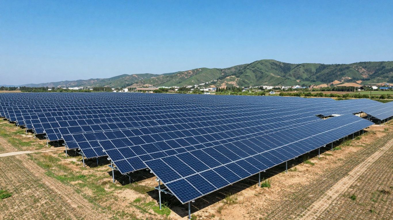 Vast solar farm under a clear blue sky.