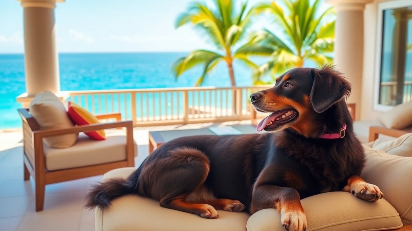 Patio de villa de luxe avec chien et vue sur l'océan.