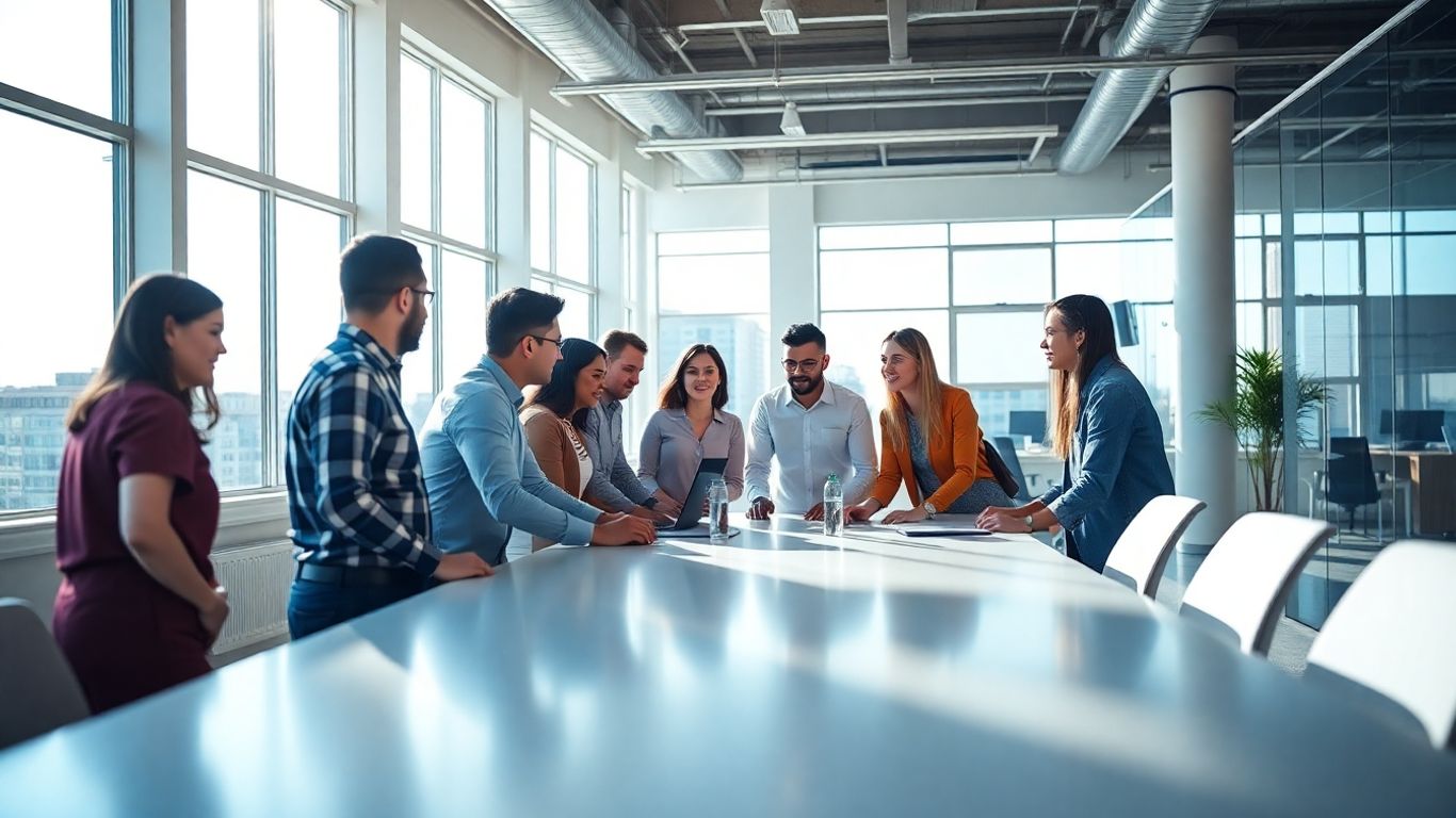 Team collaborating in a bright, modern office.