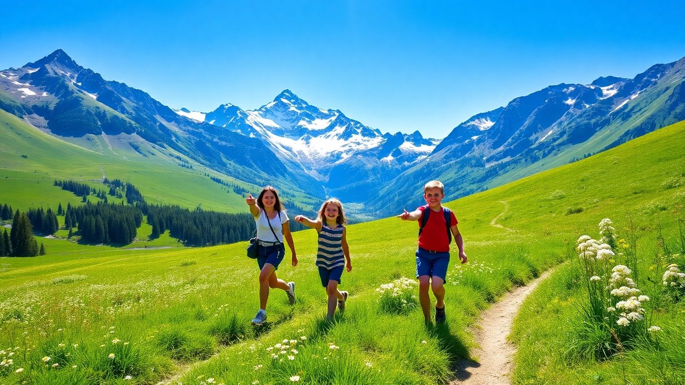 Familie wandert auf einem Bergpfad in der Schweiz