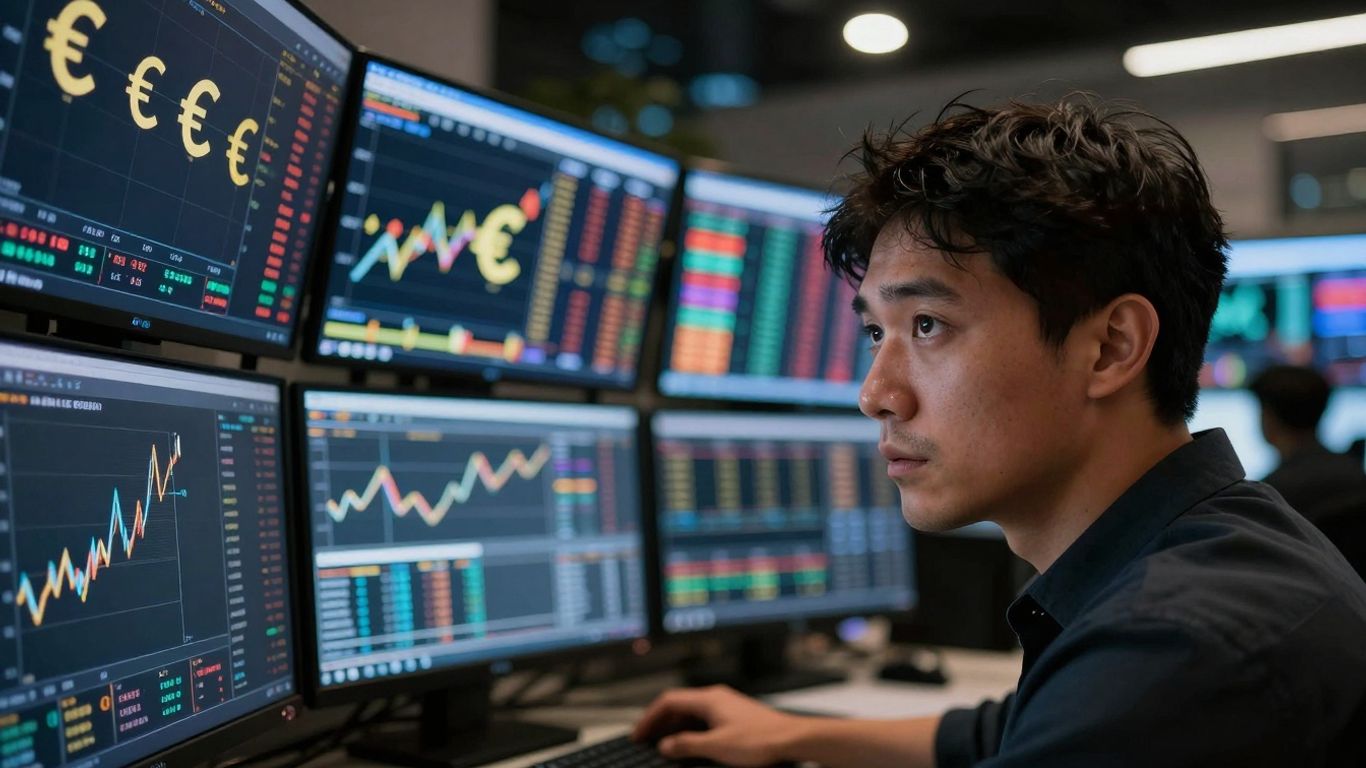 Forex trading screens with currency symbols and market data.