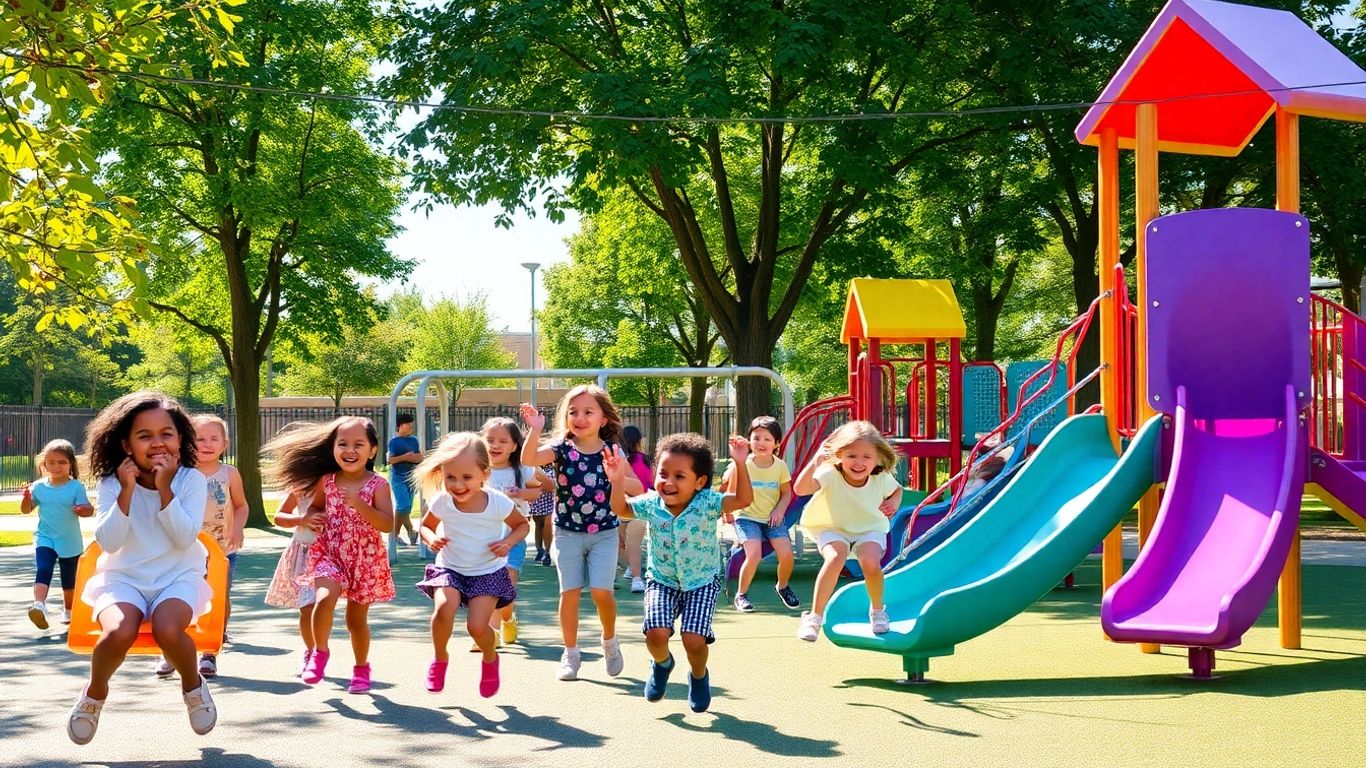 Children enjoying a modern, sunny playground with green trees.