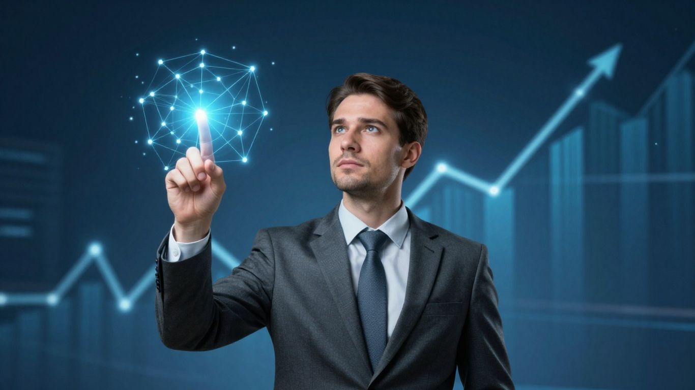 Businessperson pointing up, digital growth aura, upward light streaks.