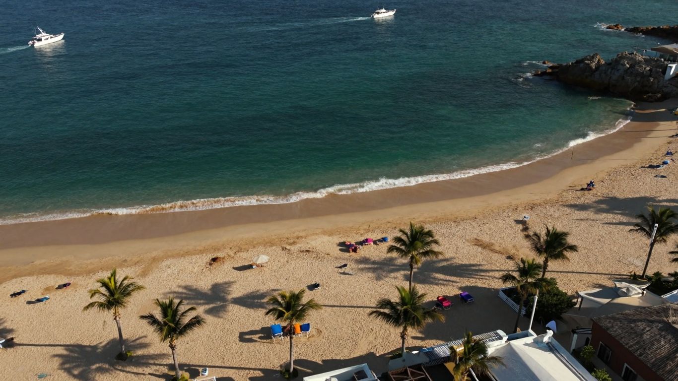 Cabo San Lucas beach with palm trees and ocean.