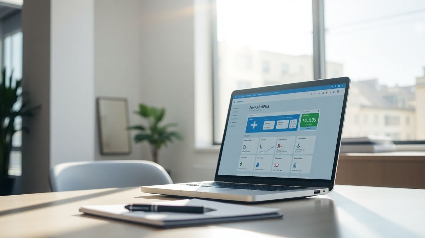 Zoho CRM Plus software on a laptop screen.