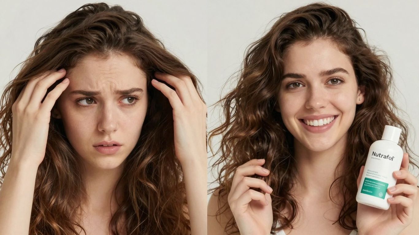 Person with hair loss and person with healthy hair holding Nutrafol.