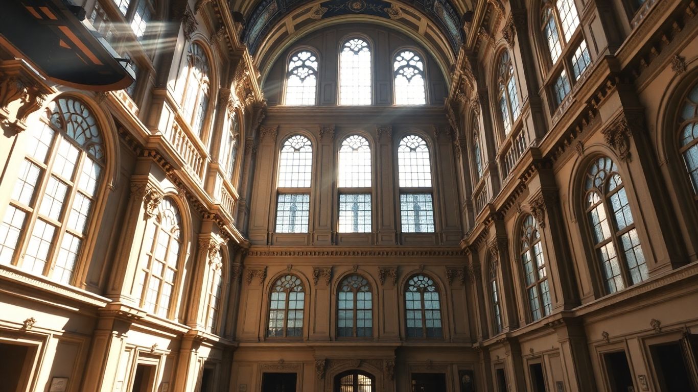 Historic Vanderbilt Hall interior with arched windows and ornate architecture.