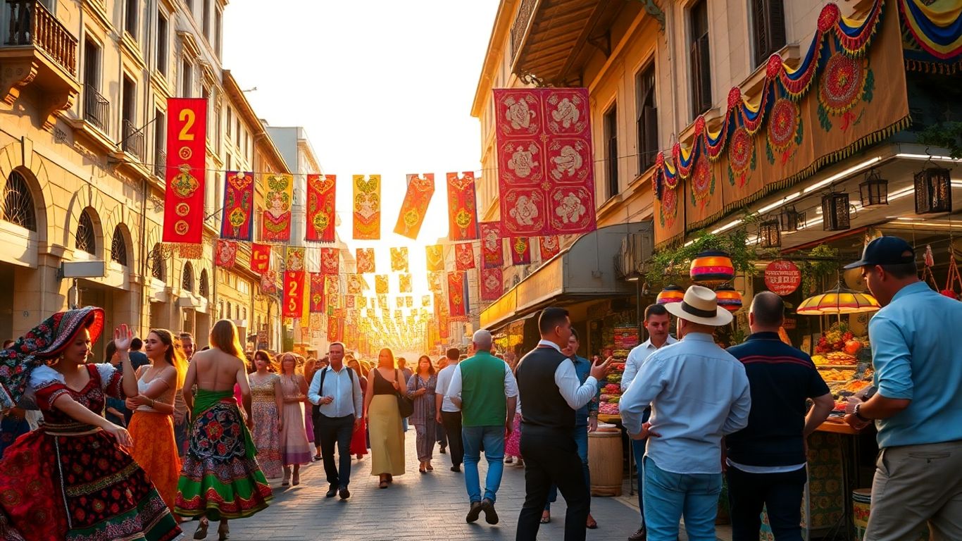Oameni în costume tradiționale dansează la un festival internațional.