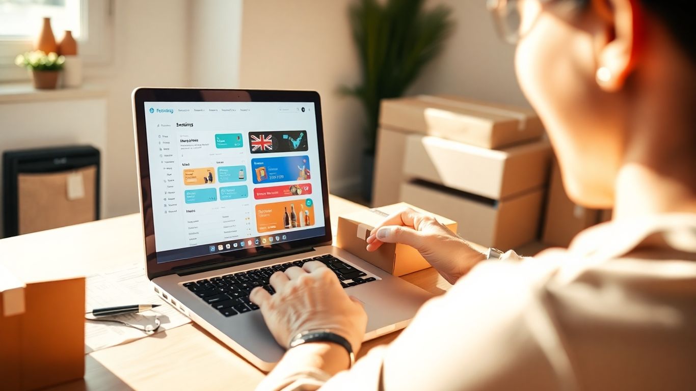 Ecommerce business owner packing orders with a laptop.