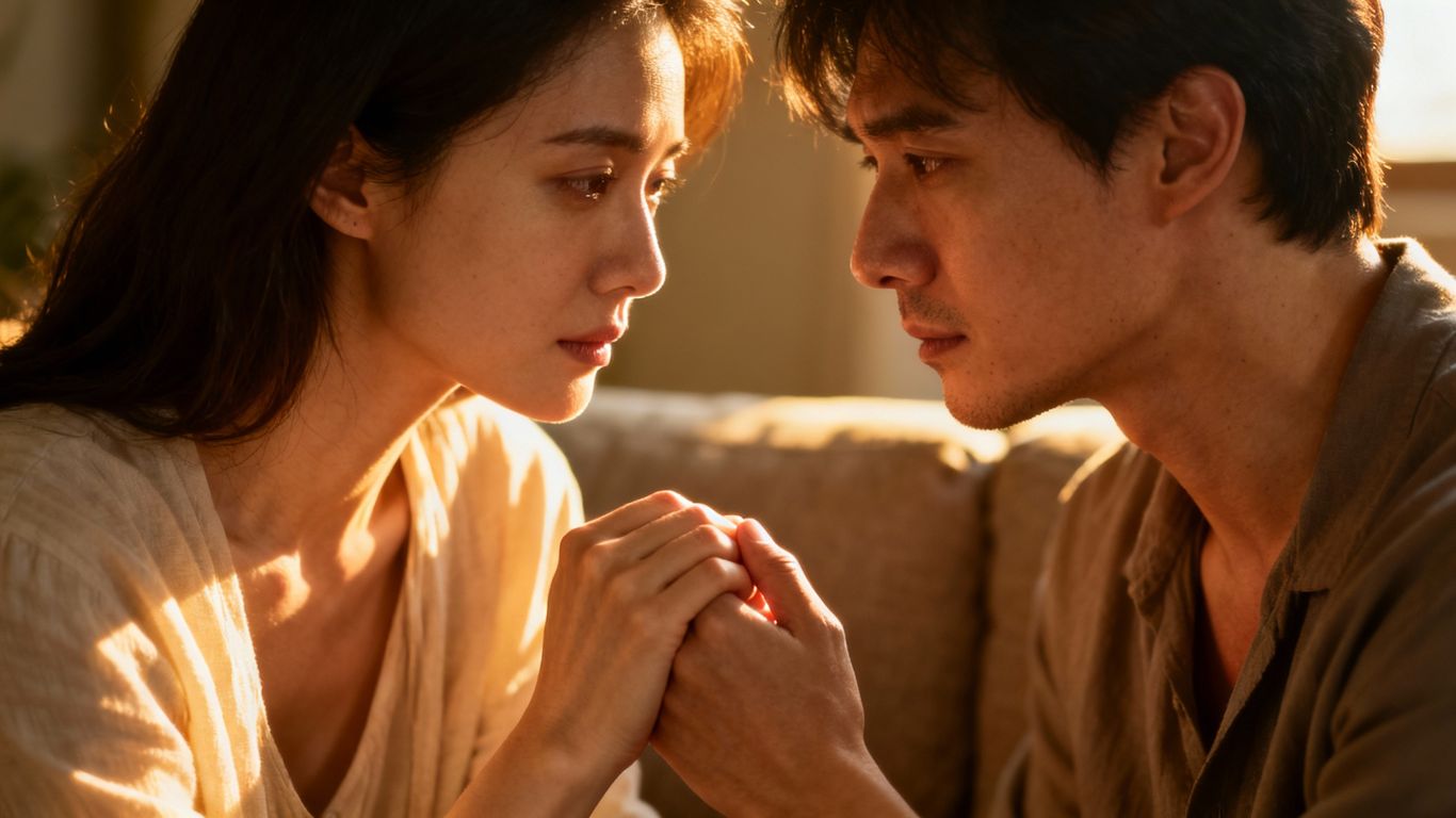 Couple reconciling after a fight, holding hands.