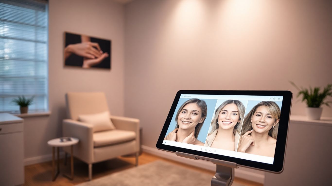 Clinic consultation room with client before-and-after treatment photos on tablet.