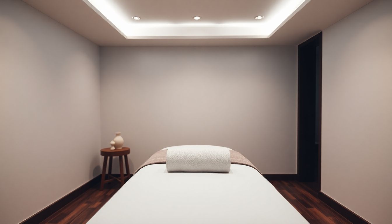 Massage table in a calm, serene room.