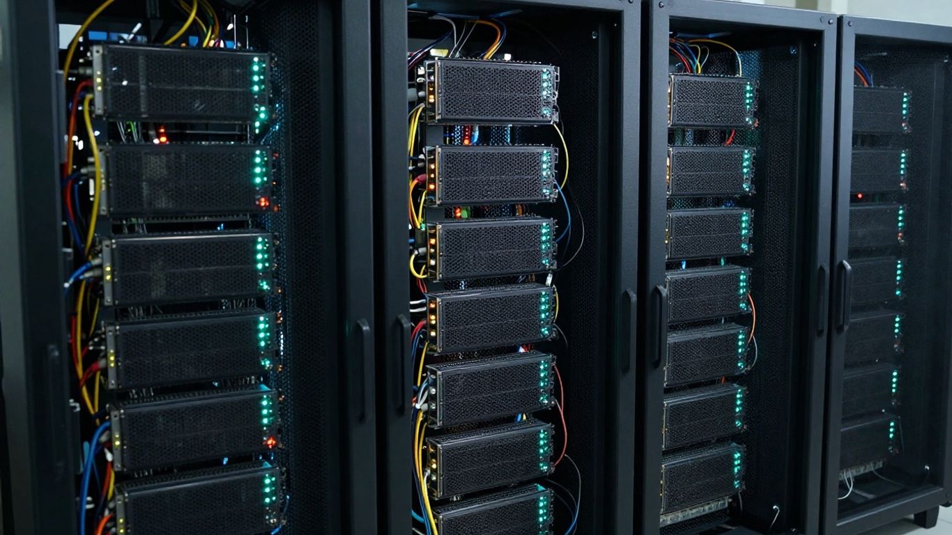 Cryptocurrency mining hardware in a data center.