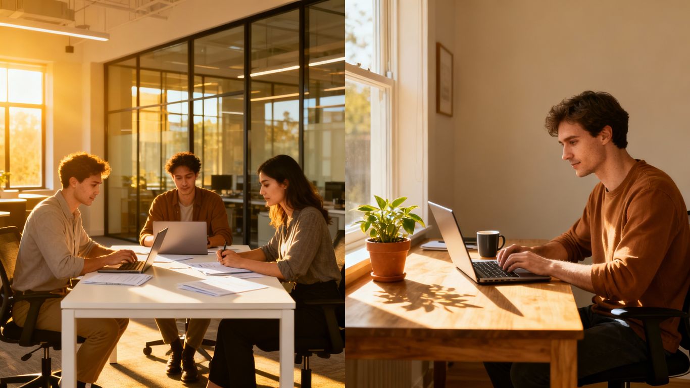 Hybrid work: office and home office collaboration.